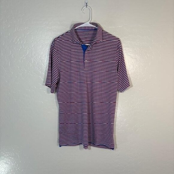 johnnie-O Polo Shirt Mens Medium Red Blue Striped Performance Golf Stretch - Picture 1 of 6